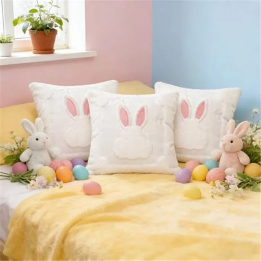 3 Pack Easter Pillow Covers 18x18 Inch White Bunny Pillow Case for Easter Day